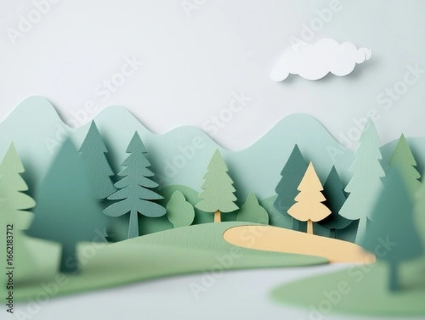 Fototapeta Serene Paper Landscape with Winding Trail and Evergreen Trees