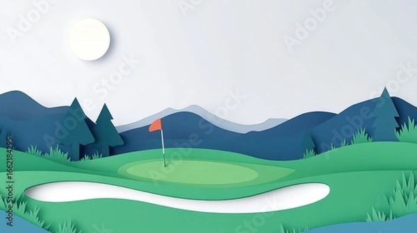 Fototapeta Layered Paper Cut Golf Course Scene at Night with Hills and Trees