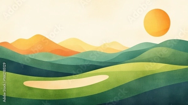 Fototapeta Serene Sunrise Over Golf Course with Light Fog and Minimal Layers