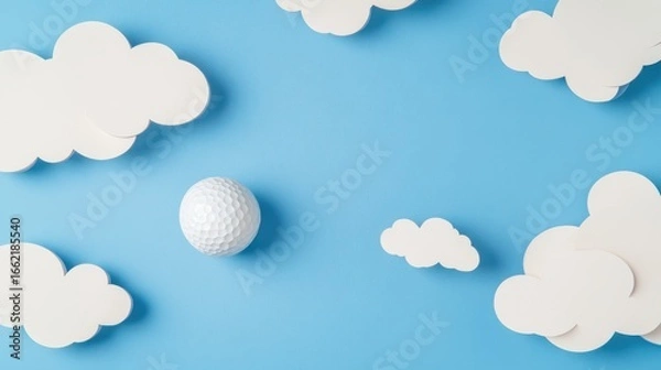 Fototapeta Surreal Floating Golf Ball Above Dreamy Sky with White Clouds