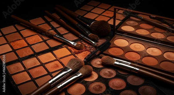 Obraz A close up of makeup palettes and brushes in warm brown and neutral tones on a dark background scene