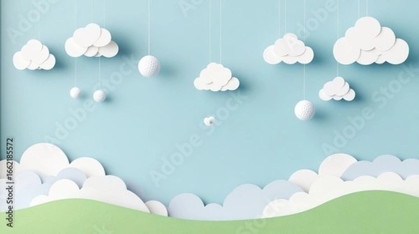 Fototapeta Surreal Golf Course Islands Floating in a Sky with Soft Clouds
