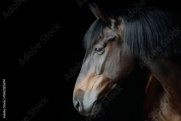 Fototapeta A majestic horse standing gracefully against a solid black background, exuding elegance and beauty.