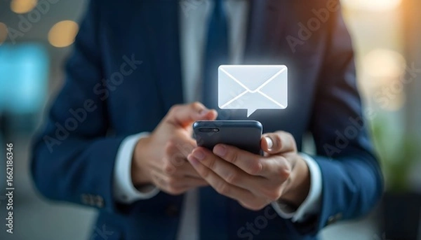 Fototapeta Businessman Checking Email Notification on Smartphone in Office Environment