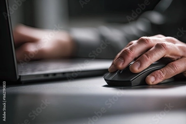 Fototapeta Close-up of hands using a laptop and mouse.  Hands on a gray surface,  working on a laptop.  Focus on the mouse