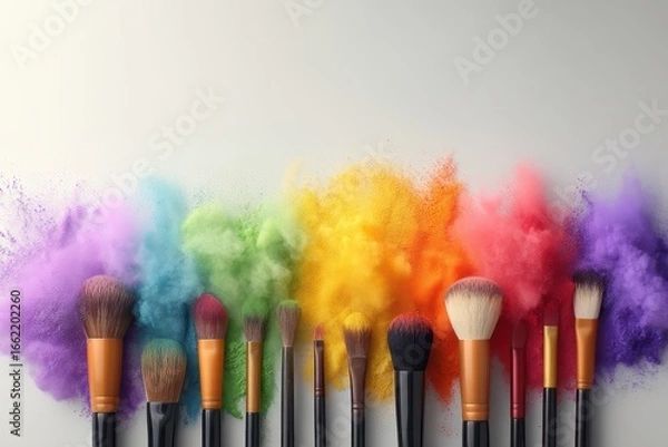 Fototapeta Makeup brushes arranged in a row with vibrant colored powder clouds exploding behind them in a rainbow spectrum
