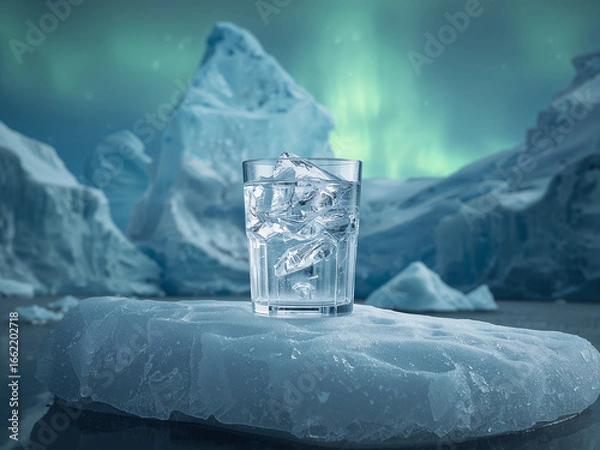 Fototapeta A cinematic photo of a crystal clear glass of water with ice cubes on a block of ice in a snowy landscape.