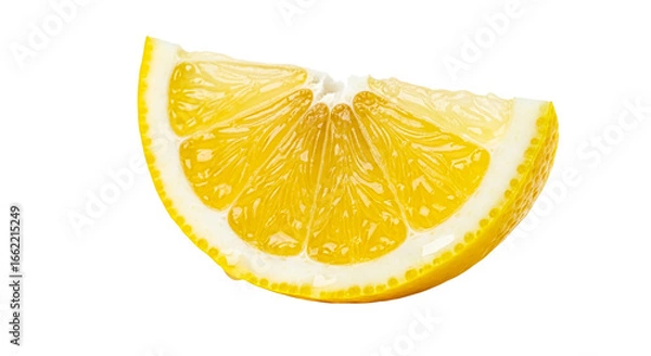 Fototapeta A vibrant close up of a juicy lemon wedge isolated on a stark showing citrus detail