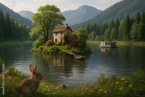 Obraz Trauminsel in Märchenlandschaft bei einem Waldsee mit Hausboot