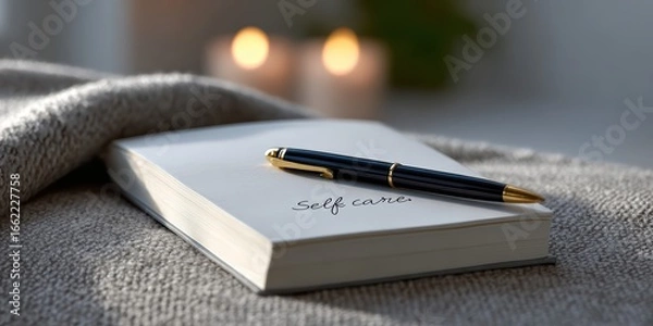 Fototapeta journaling for self-care, in foreground, a neatly placed pen beside an open notebook, elegantly hand-lettered self-care softly lit cozy background