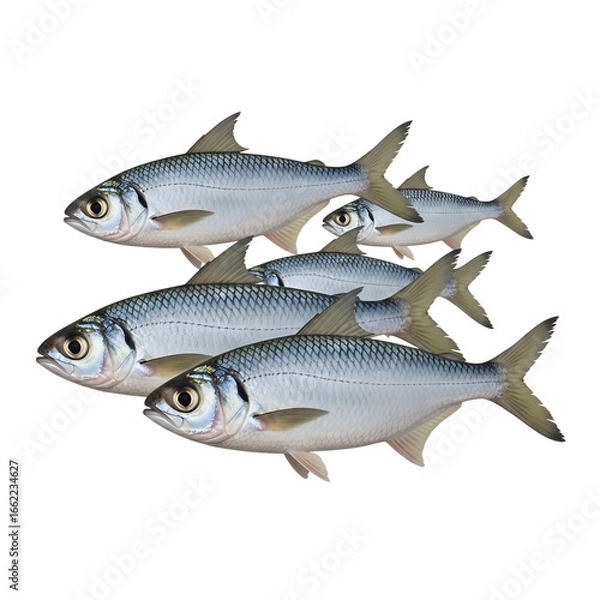 Fototapeta School of Silver Fish Swimming Together in Formation isolated on a white transparent background png file download.



