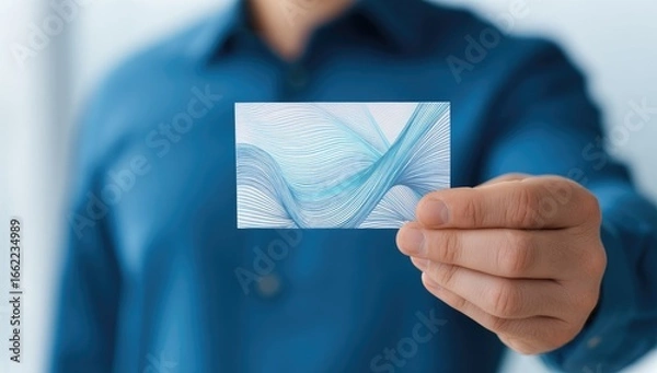 Fototapeta Close-up of a hand holding a business card with abstract design.  The card features light blue flowing lines on a white background, and is held by a person wearing a light blue collared shirt
