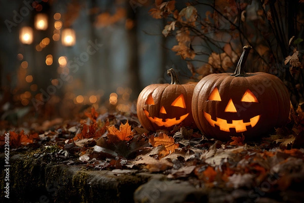 Obraz Jack-o'-lantern smiling, pumpkins sitting in the leaves, Halloween autumn fall night