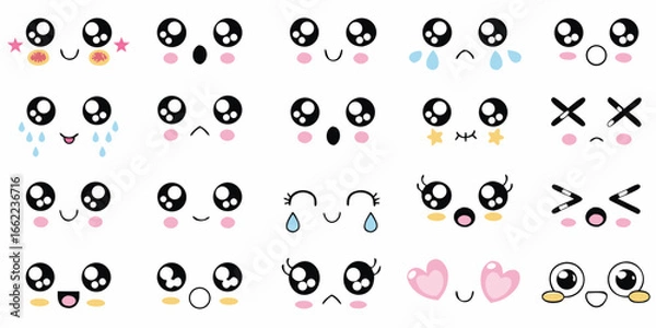 Obraz Kawaii Face Emoticons Set With Different Emotions expression