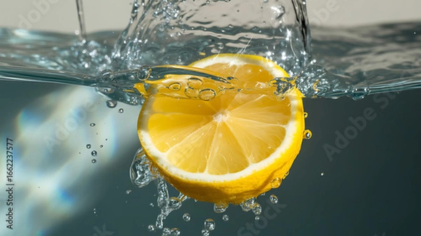 Fototapeta Fresh lemon slice splashing into clear water