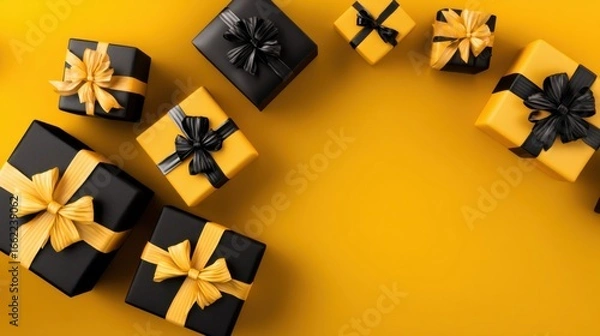 Fototapeta a group of black and yellow wrapped presents