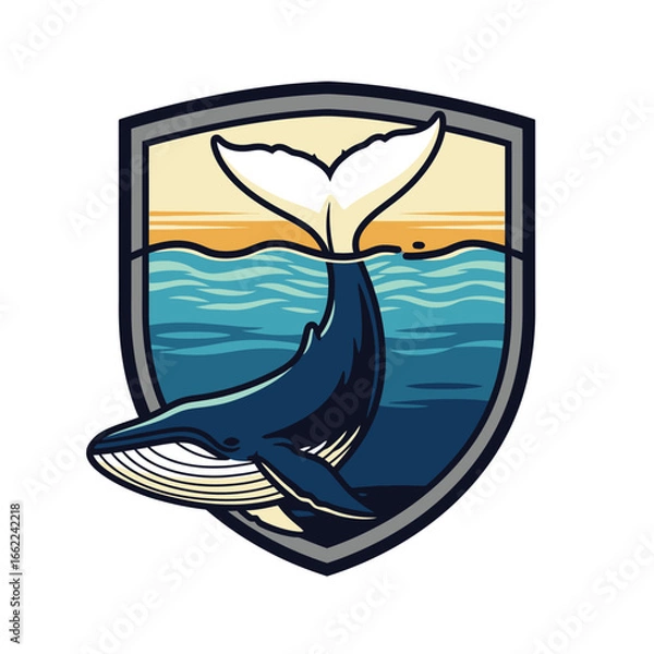 Fototapeta A humpback whale's tail emerges from ocean waves within a stylized shield emblem, sunset backdrop.