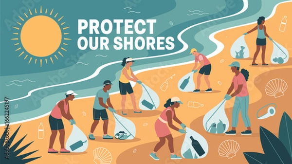 Fototapeta People cleaning up trash on a beach with sun and ocean waves and text protect our shores illustration