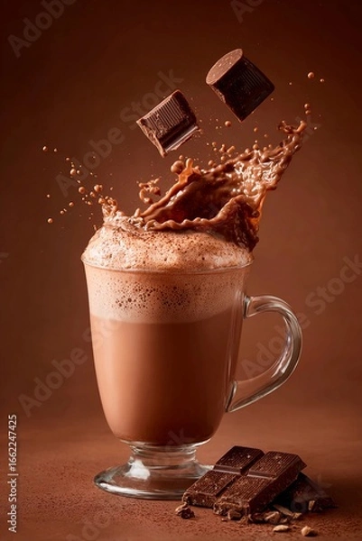 Fototapeta A glass mug filled with hot chocolate splashes as two chocolate cubes fall into it. The rich brown background creates a warm and inviting atmosphere, perfect for winter
