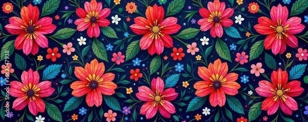 Fototapeta Intricate, repeating floral pattern in vibrant hues , plant, dark, colorful