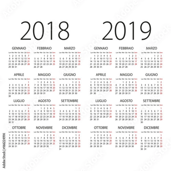 Obraz 2018 and 2019 years Italian vector calendar