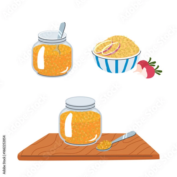 Fototapeta German sweet mustard and Obatzda cheese spread in jars and bowls with onions radishes and spoon on wooden board traditional Oktoberfest food