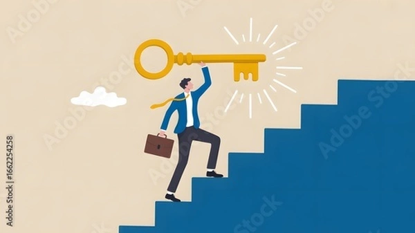 Fototapeta Man climbing stairs with briefcase holding a large golden key to success illustration art