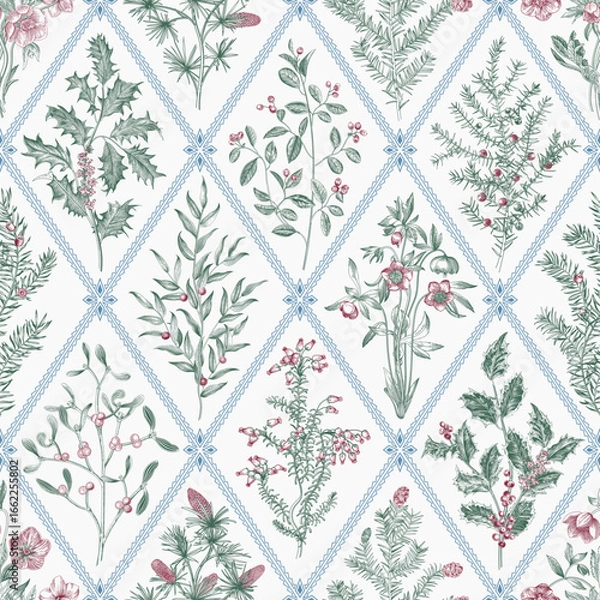 Obraz Floral trellis. Seamless vector pattern. Winter flora. Green, blue and red.