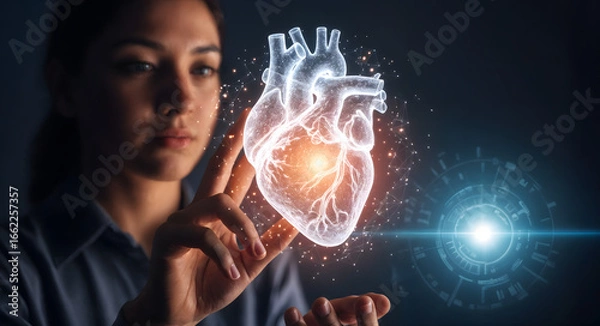 Fototapeta Woman interacting with digital hologram of human heart in futuristic interface