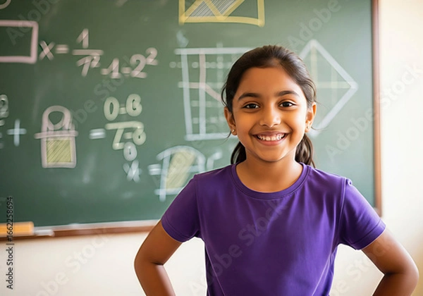 Fototapeta Happy schoolgirl smiles in classroom near the chalkboard. A cheerful portrait displaying confidence and joy. Academic success, educational environment, future aspirations.