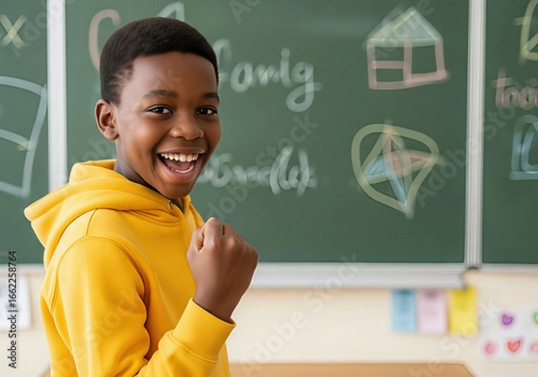 Fototapeta Happy African boy cheers success in a classroom with a chalkboard. Cheerful moment of achievement and learning. Education, opportunity, bright future.