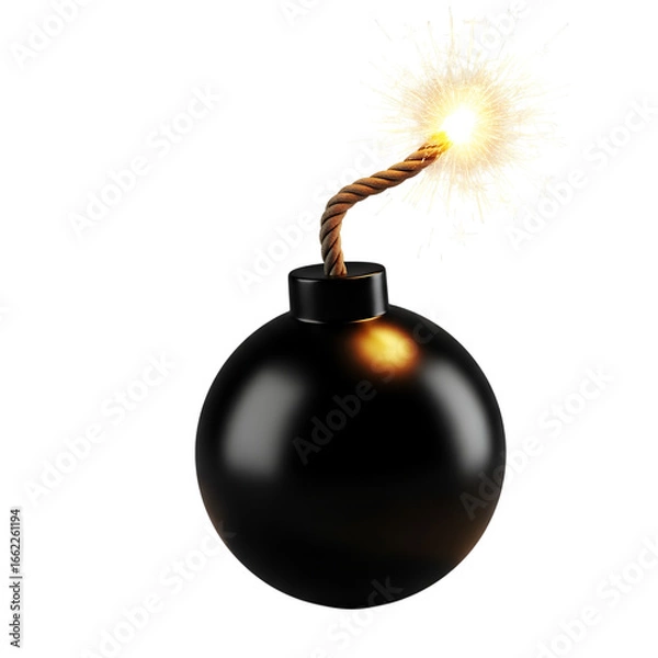 Obraz Black Round Bomb With Lit Fuse And Sparking Explosion explosive isolated on a transparent background, png.
