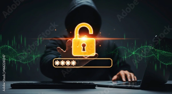 Fototapeta Hacker trying to access data on a laptop. A conceptual shot of digital security. Internet crime, data theft.