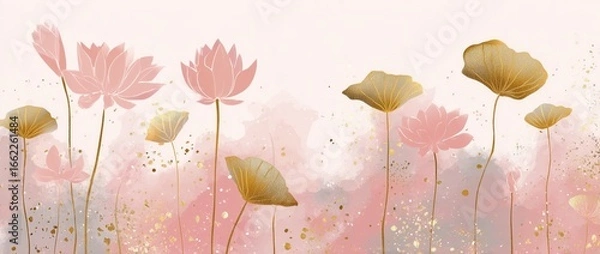 Fototapeta Abstract lotus flower line art background in soft pastel pink and gold colors, an elegant and simple design with lotus silhouettes Generative AI