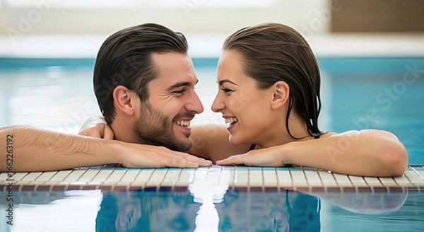 Fototapeta Couple leaning on the edge of a pool, looking at each other and smiling. An intimate moment of connection and happiness.  Water relaxation, happy relationship, wellness escape.