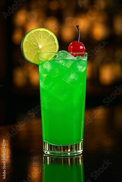 Obraz Strahlend grüner Cocktail Grüne Wiese im Glas mit Eis Limette und Kirsche