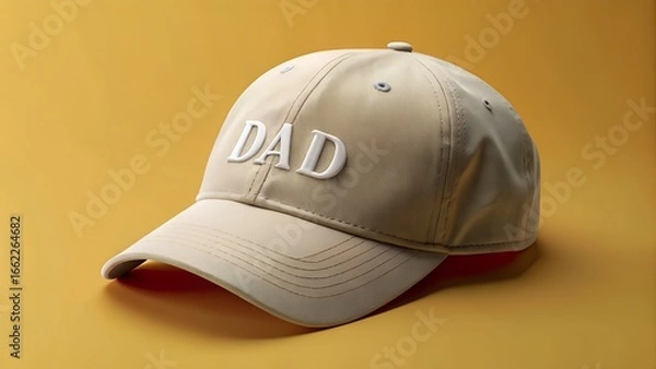 Fototapeta Beige baseball cap with dad embroidered on it, set against a plain yellow background