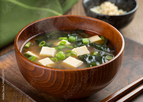 Fototapeta A bowl of miso soup with tofu, seaweed, and green onions on a wooden tray
