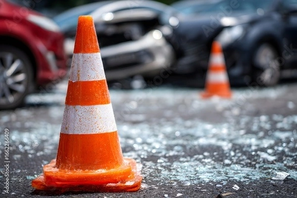 Fototapeta A traffic cone marks the scene of a car accident with shattered glass on the road. Two damaged vehicles are visible in the background, highlighting the aftermath of the collision