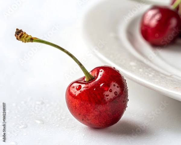 Fototapeta A single fresh cherry with water droplets sits on a white plate in close-up