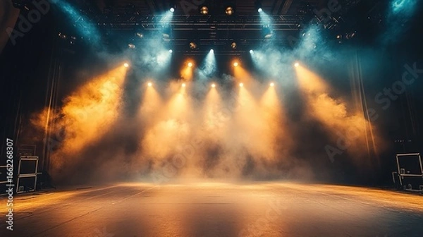 Fototapeta An empty stage before a concert with spotlights shining and smoke effects in the background. A music venue ready for a live performance or event.