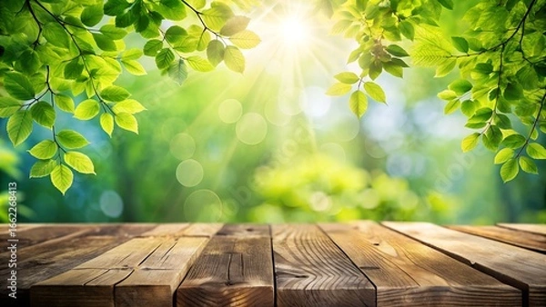 Fototapeta Closeup of a rustic wooden table surface with vibrant green leaves and bright sunlight filtering through in the background