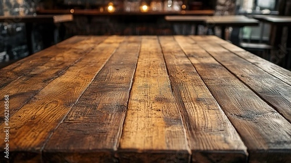 Fototapeta An empty wooden table in a restaurant interior, ideal for product placement and branding.