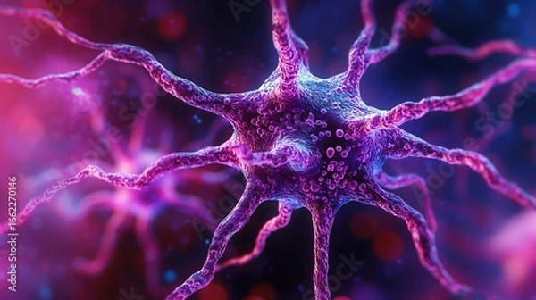 Fototapeta An image showing a neuron with amyloid plaques, associated with Alzheimer's disease, depicted in microscopic detail.