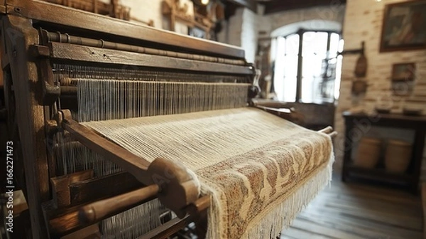 Fototapeta An old wooden hand loom with an unfinished fabric project, representing traditional textile production.