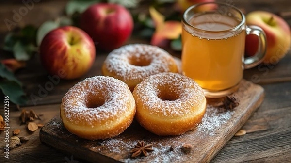 Fototapeta Apple cider donuts and warm cider in a garden.