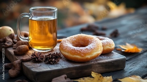 Fototapeta Apple cider donuts and warm cider in a garden.