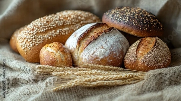 Fototapeta Artisan Loaves of Bread on a Burlap Surface with Wheat Stalks