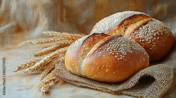 Fototapeta Artisan Loaves of Bread on a Burlap Surface with Wheat Stalks