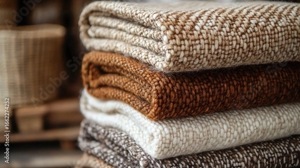 Fototapeta Artisan Wool Throws in Earth Tones: A close-up of cozy, handwoven wool throws, showcasing their warm, natural hues.